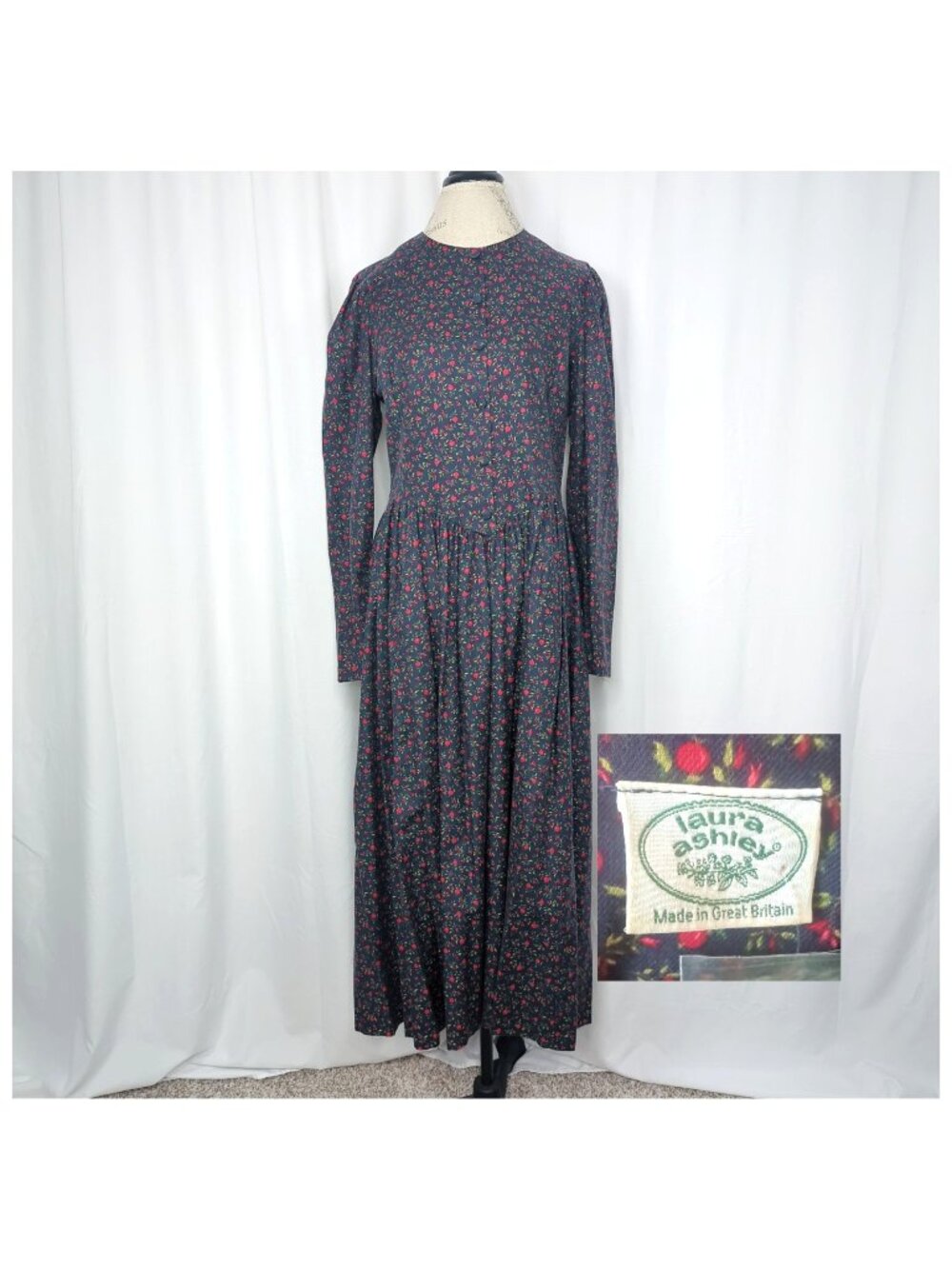 Vintage 80s Laura Ashley Dress Large Blue Maxi Floral Deadstock